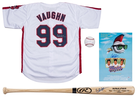Lot of (4) Charlie Sheen Signed Collection Including "Major League" Poster, Ricky Vaughan Indians Jersey, Rawlings Bat, & OML Selig Baseball (PSA/DNA)